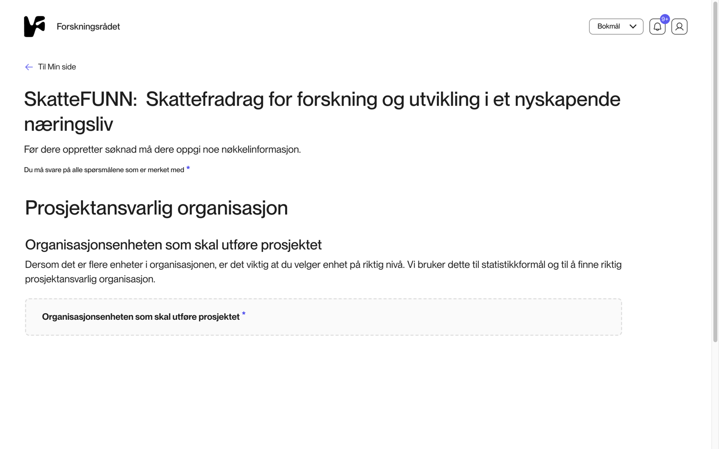 Portalsiden for å velge prosjektansvarlig organisasjon