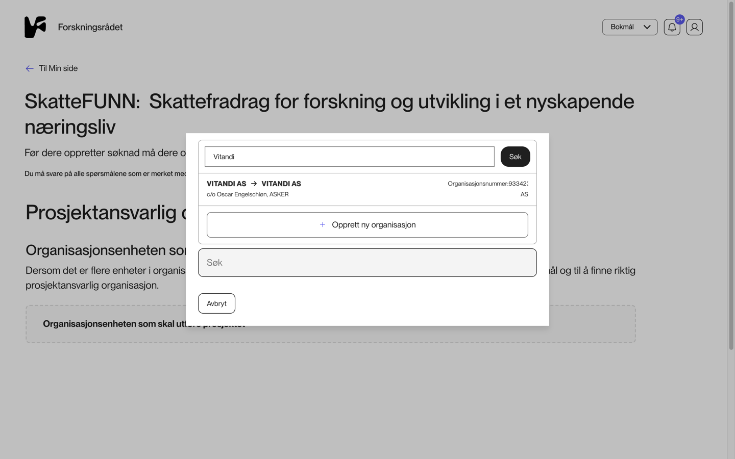 Organisasjonssøket i portalen med treff fra Enhetsregisteret