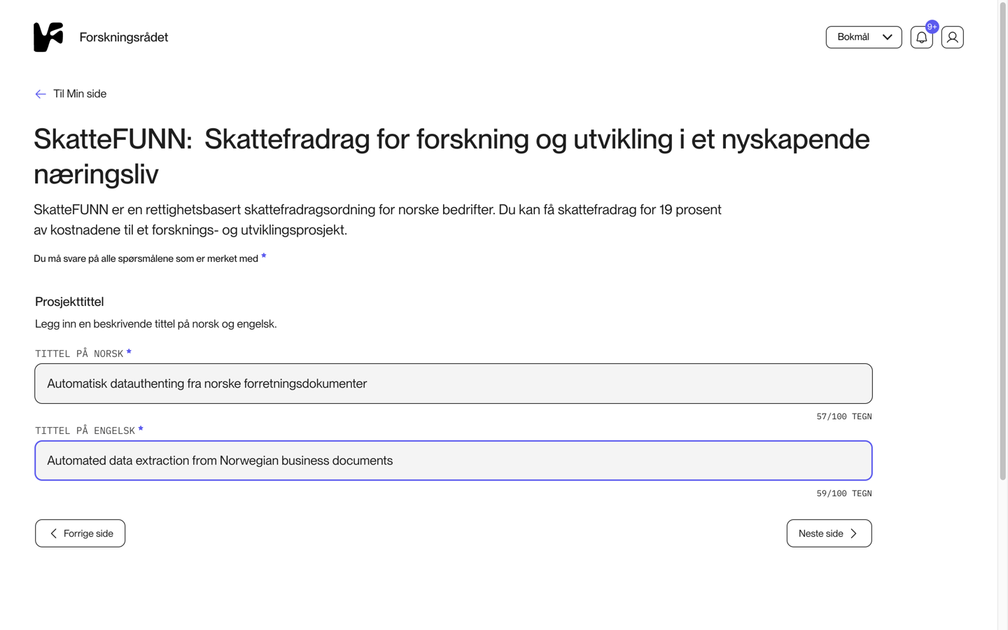 Feltene for prosjekttittel på norsk og engelsk med tegntellere