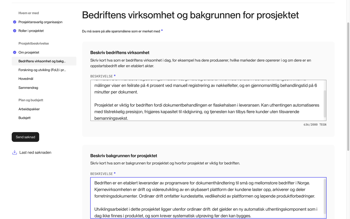Feltene for bakgrunnen for prosjektet og bedriftens virksomhet
