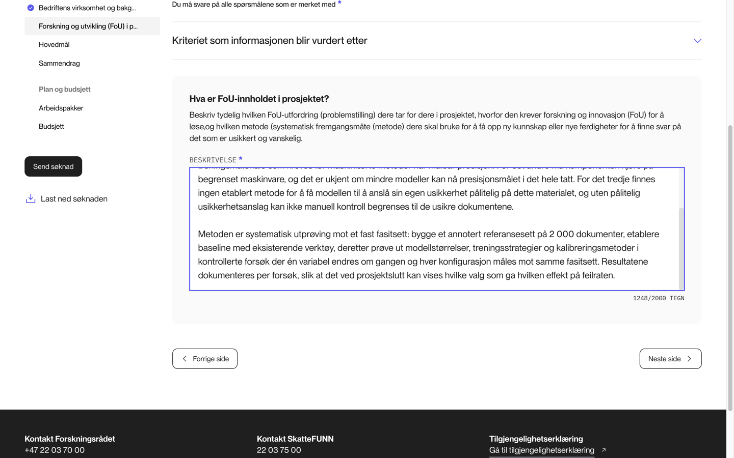 FoU-feltet i søknaden med eksempeltekst som beskriver utfordring, kunnskapshull og metode