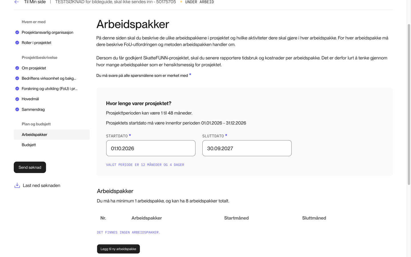 Prosjektperioden med startdato og sluttdato og arbeidspakkelisten
