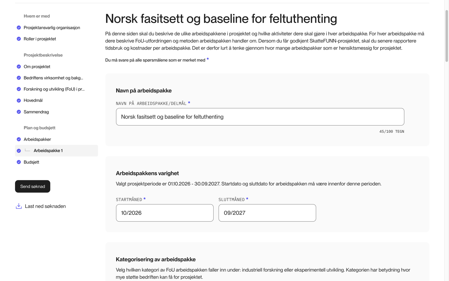 Arbeidspakkeskjemaet med navn, periode og kategorisering