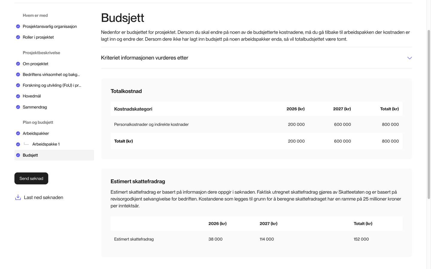 Budsjettsiden med totalkostnad og estimert skattefradrag