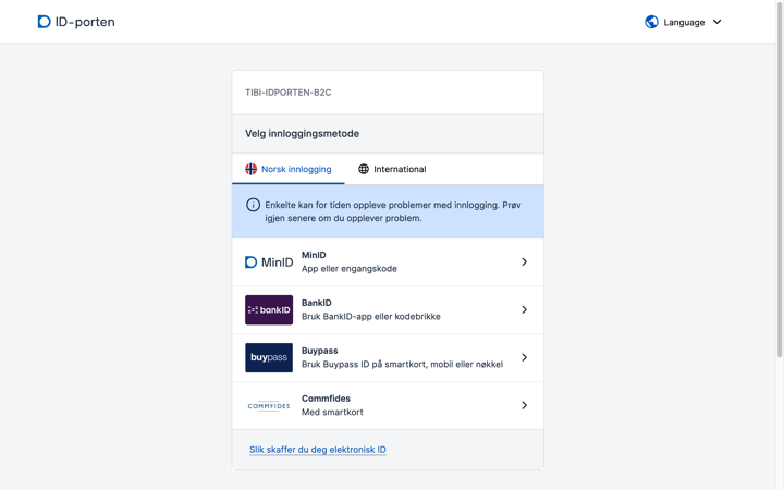 ID-porten med valg mellom MinID, BankID, Buypass og Commfides