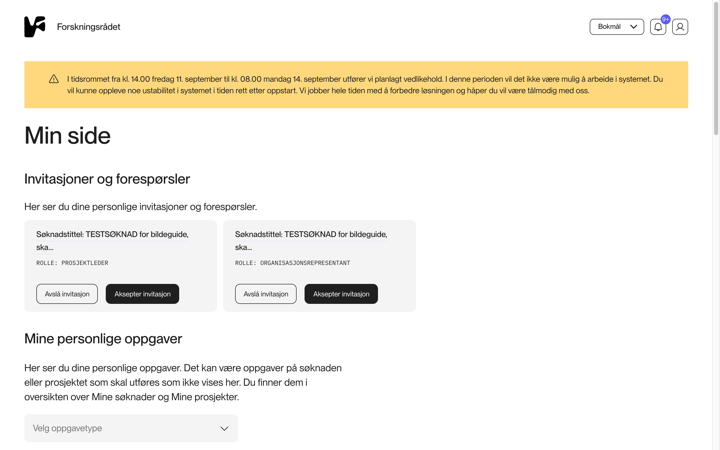 Min side med to rolleinvitasjoner, en for prosjektleder og en for organisasjonsrepresentant
