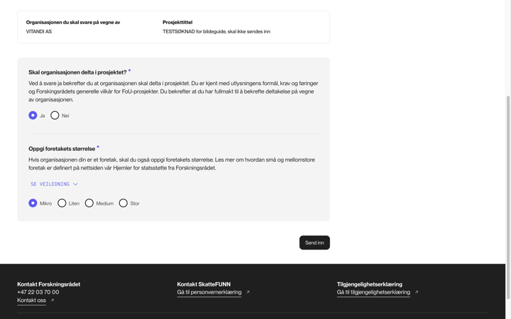 Skjemaet ferdig utfylt med ja til deltakelse og valgt foretaksstørrelse