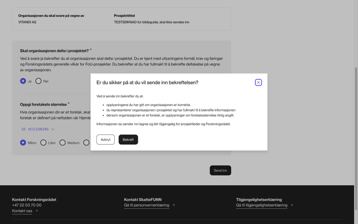 Siste bekreftelsesdialog før innsending av rollebekreftelsen