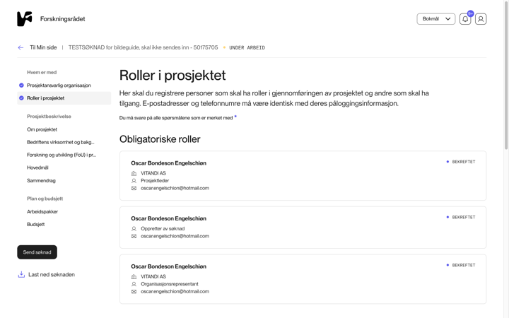 Rollesiden i søknaden der alle roller er bekreftet